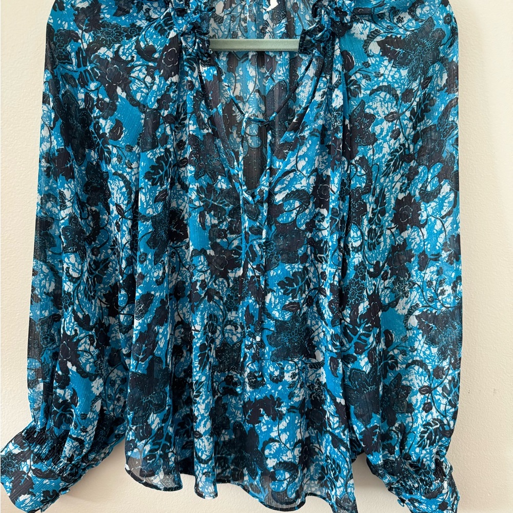 Anthropologie sheer blue and black floral long sleeved blouse V neck